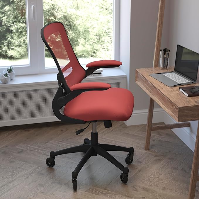 Flash Furniture Kelista Mid-Back Red Mesh Swivel Ergonomic Task Office Chair with Flip-Up Arms and Transparent Roller Wheels
