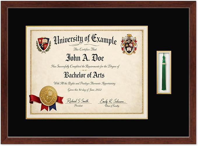 CountryArtHouse Diploma and Tassel Frame Fits 17 x 13 International Diploma with Tassel Hook Rustic Walnut Genuine Hardwood Shadowbox with Black Over Metallic Gold Double mat