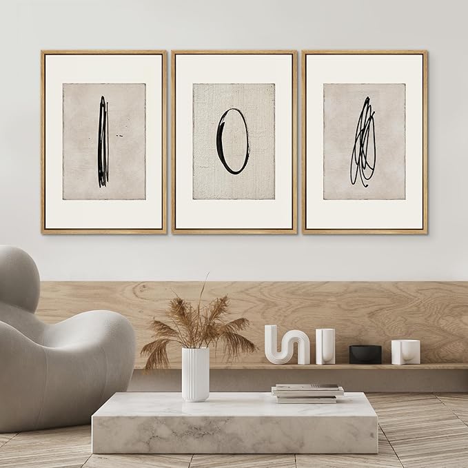 SIGNWIN Framed Canvas Print Wall Art Set Mid-Century Modern Paint Strokes Abstract Shapes Illustrations Modern Art Decorative Minimal Multicolor for Living Room, Bedroom, Office - 24"x36"x3 Natural