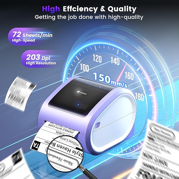 Phomemo D520BT Bluetooth Thermal Label Printer, 4X6 Wireless Shipping Label Printer Build-in Holder, Thermal Label Maker for Shipping Package, Compatible with Amazon, USPS, Shopify, Purple