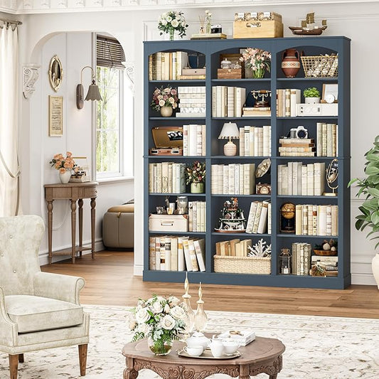 FACBOTALL 71" Triple Wide Bookshelf, 6 Tier Tall Bookshelf, Large Arched Bookcase with Curved Baffle, 63.4" Wide Book Shelf with 18 Open Display Shelves for Living Room, Study, Blue