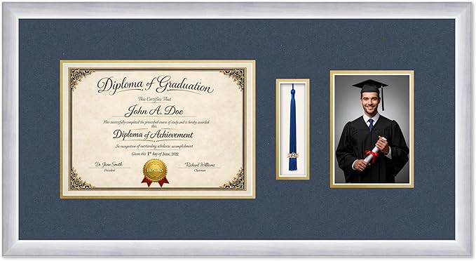 Diploma Tassel and Photo Frame Stainless Silver Shadowbox Navy Blue Over Gold Mat - Fits 11.69 x 8.27 Degree Picture Made in the USA