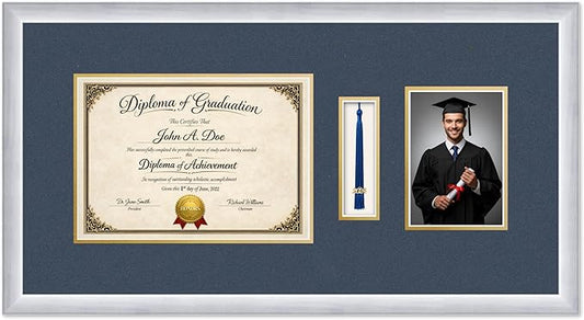 Diploma Tassel and Photo Frame Stainless Silver Shadowbox Navy Blue Over Gold Mat - Fits 11.69 x 8.27 Degree Picture Made in the USA