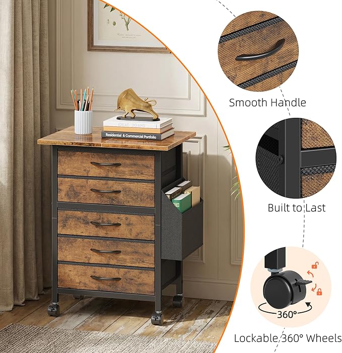 5 Fabric Drawers File Cabinet with Side Pocket, Rolling Printer Stand with Storage for Home Office, Wood Top Storage Cabinet for Documents and Crafts, Rustic Brown, 15" D