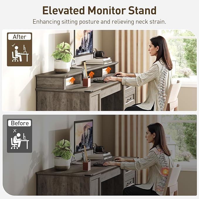 2 Pack 55'' Farmhouse Executive Desk with Drawers, Computer Desk with File Cabinet and Side Bookshelf, Writing Gaming Desk with Monitor Stand, Greige