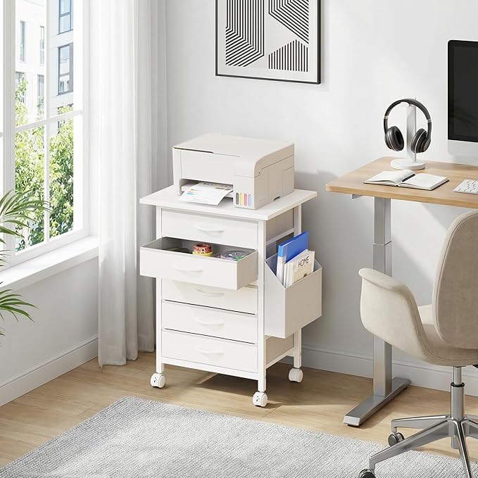 5 Fabric Drawers File Cabinet with Side Pocket, Rolling Printer Stand with Storage for Home Office, Wood Top Storage Cabinet for Documents and Crafts, White, 15" D