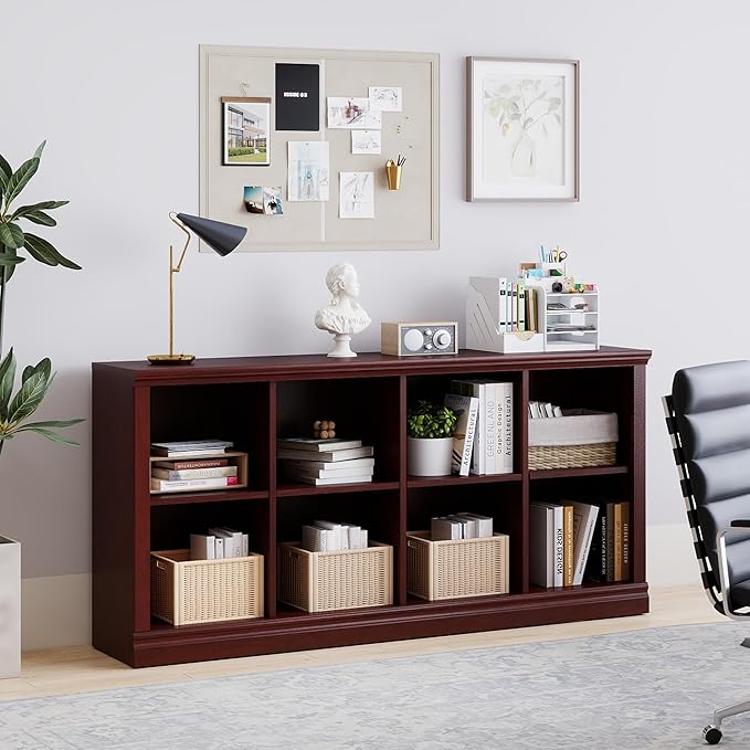 8 Cube Storage Organizer Bookcase - 2 Tiers 8 Storage Cube Adjustable Space Book Case, Display Cabinet Organizer, 54.7 inch Width Horizontal Bookshelf for Home Library Office, Mahogany
