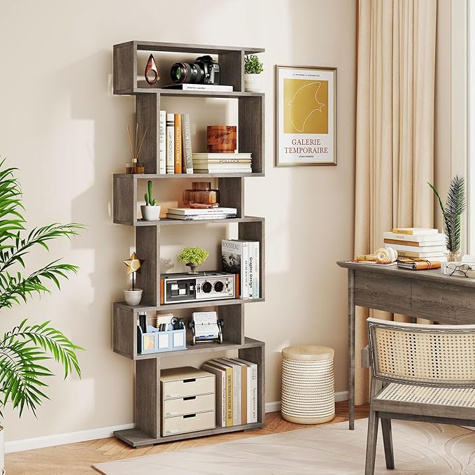 Giantex 6-Tier Geometric Bookshelves Set of 2, S-Shaped Bookcase with 2 Anti-Tipping Kits, Wooden Display Shelf, Decorative Storage Shelving Unit, Home Storage Organizer for Office Living Room