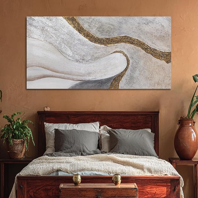 ZUNARE Contemporary White Gold Textured Canvas Wall Art Abstract Organic Line Posters Picture Minimalist Home Decor for Living Room Bedroom Office 29x58 Inch