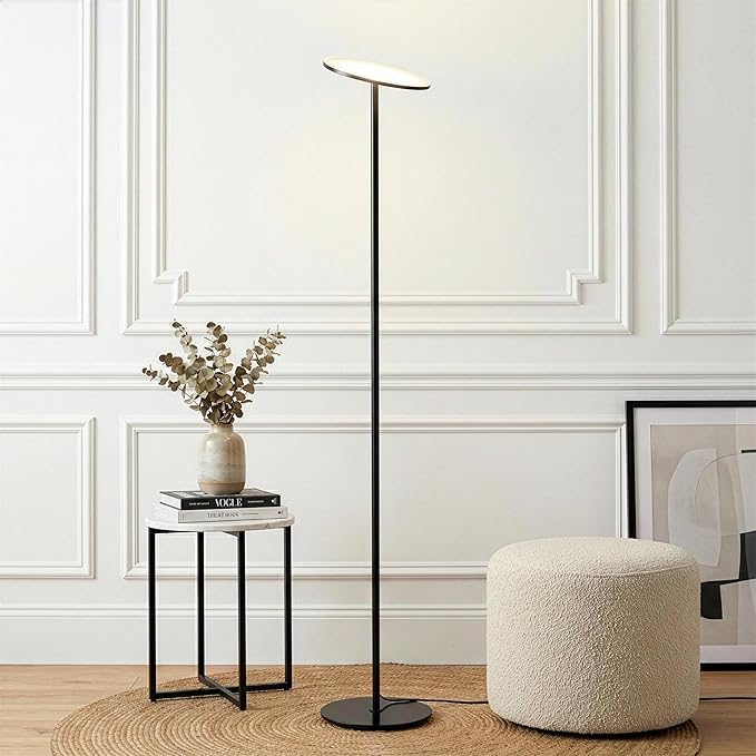 Brightech Sky LED Floor lamp, Torchiere Super Bright Floor Lamp for Living Rooms & Offices - Dimmable, Tall Standing Lamp for Bedroom Reading - Black Chrome