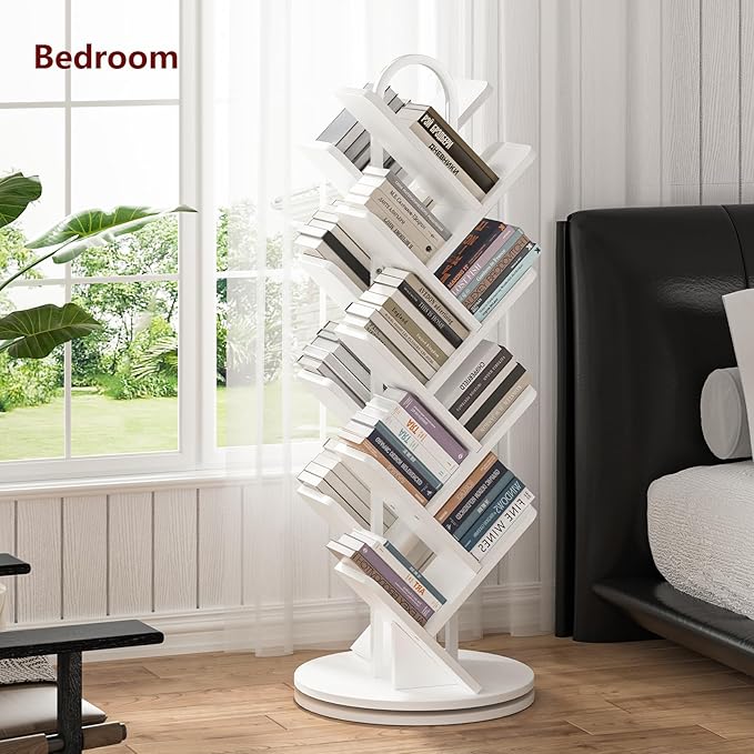 TVU 16-Tier Tree Rotating Bookshelf, 360 Degree Spinning Standing Bookcase for Magazines DVDs Books, Corner Bookcase for Living Room Bedroom Study, White