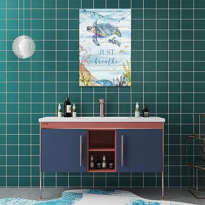 Ocean Sea Turtle Wall Art Nautical Just Breathe Pictures Wall Decor Beach Seaweed Canvas Coastal Painting Modern Artwork Home Decoration for Bathroom Living Room Bedroom Office Framed 16"x24"