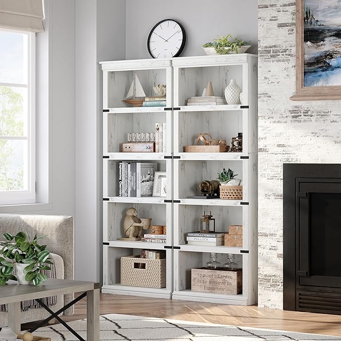 GarveeHome 5 Tier Farmhouse Bookcase, 67.4" Tall Book Shelf with Storage, Wooden Bookshelves 5 Shelf Display Shelves for Home Office(67.4" H x 31.5" W x 12.8" D) (White, 67.4" H x 24.4" W x 12.8" D)