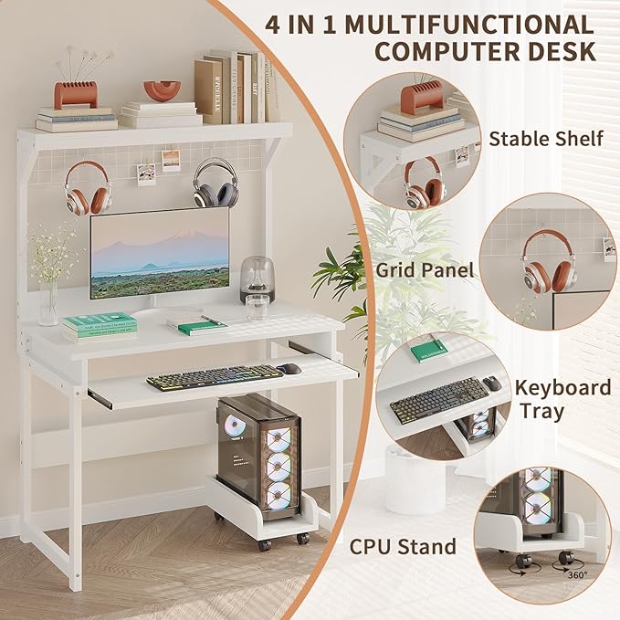 ALISENED 31.5" Small Computer Desk with Hutch, Office Desk Study Table Writing Desk Workstation PC Table for Home Office, Space Saving Design