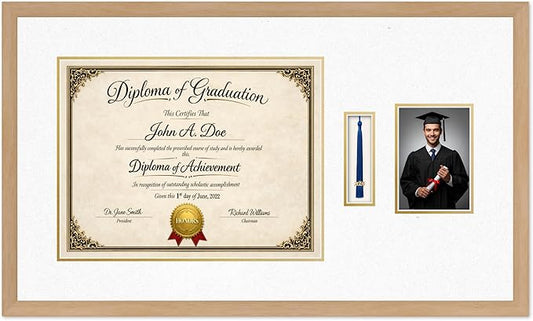 Diploma Tassel and Photo Frame Natural Wood Shadowbox Oyster Shell Over Gold Mat - Fits 17 x 13 Degree Picture Made in the USA