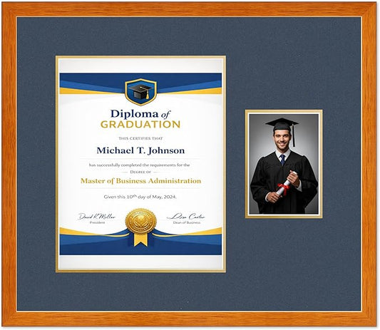 Diploma Frame With Photo Opening Honey Oak Navy Blue Over Gold Mat - Fits 11 x 14 Degree and Picture Made in the USA