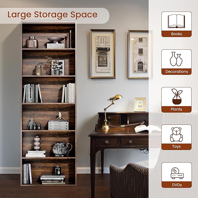 71" Tall 6-Tier Bookshelf, Large Open Display Bookcase with Ample Storage, Floor Standing Book Shelf for Living Room, Home Office, Bed Room, Brown