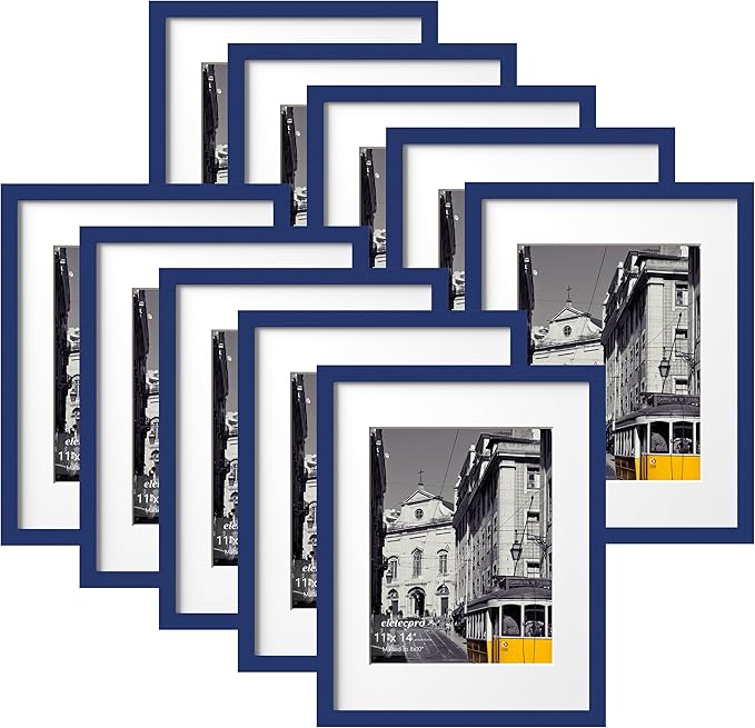 eletecpro 11x14 Picture Frames Set of 10, Picture Frame Collage Wall Decor Display 8x10 Photo with Mat or 11x14 without Mat, Home Decor Gallery Wall Frame for Wall Mounting, Blue