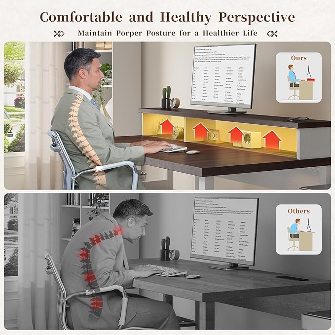 EnHomee 60.4" Computer Desk with Drawer & Power Outlet, Gaming Desk with LED Light, Farmhouse Desk Study Desk with Monitor Stand, Home Office Desk, Work Desk for Bedroom, Study Room, White