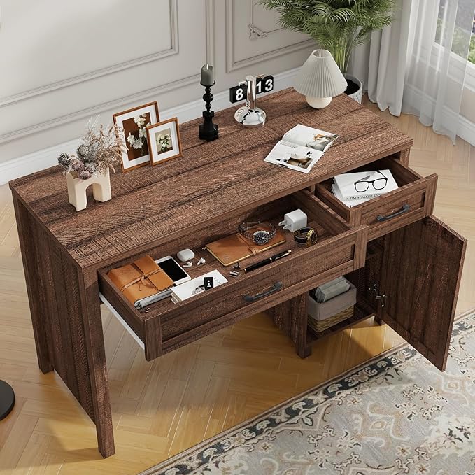 Farmhouse 47" Executive Desk, Computer Desk with Drawers and Storage Cabinet, Workstation Computer Desk for Home Office and Study.Red-Brown