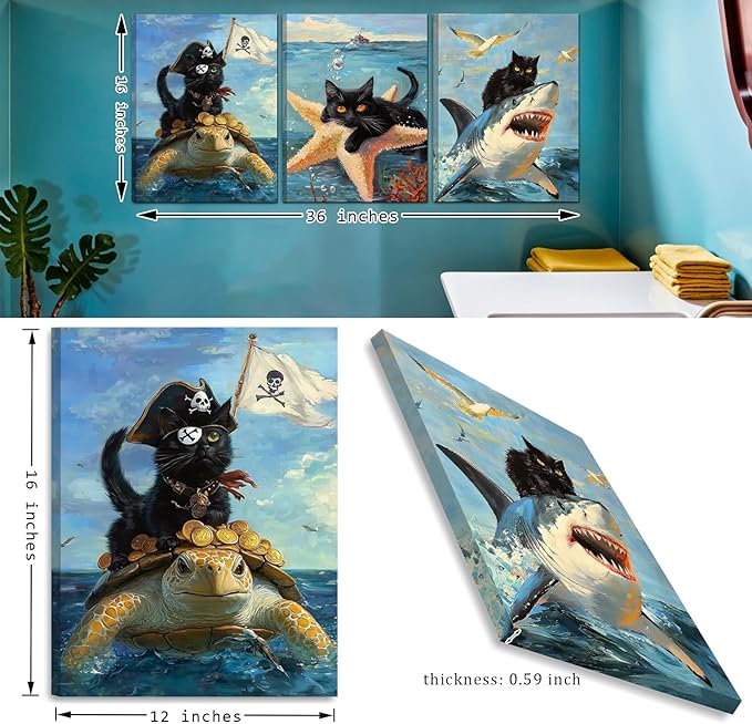 Framed Black Cat Wall Art, Ocean wall art, Funny Cat Shark Turtle Starfish Pictures Canvas Wall Decor for Bedroom Living Room Bathroom(Framed, 12x16in, Set of 3)