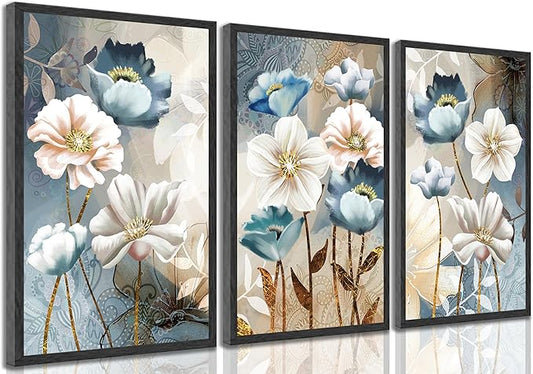3 Pcs Modern Luxury Lotus Flower Canvas Wall Art White and Blue Floral Painting Pictures Wall Decor Posters Print Artwork for Living Room Bedroom Bathroom Office Home Decoration Unframed