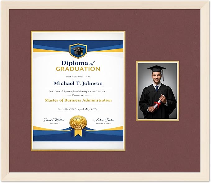 Diploma Frame With Photo Opening Coastal Whitewash Dark Red Over Gold Mat - Fits 11 x 14 Degree and Picture Made in the USA