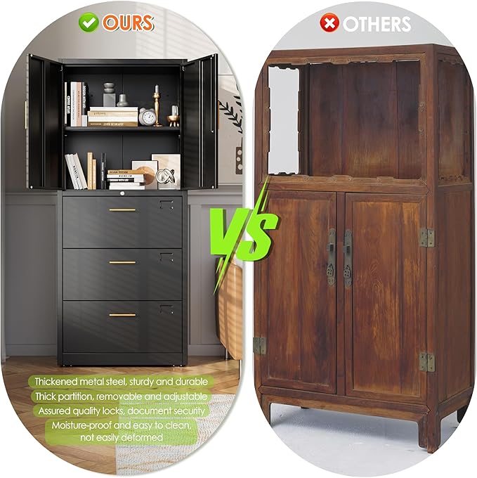 Office File Cabinet with 3 Drawers,Metal Filing Cabinet with Doors for Home Office School for Hanging Letter/Legal/F4/A4 Size Folders,Required Assembly,Black