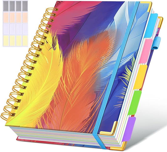 Hardcover Spiral Notebook Journal with Removable Dividers Tabs, 300 Pages 5 Subject Notebook College Ruled, 100GMS Notebooks for Work School Note Taking,Lined Journal for Women,Colorful Feather