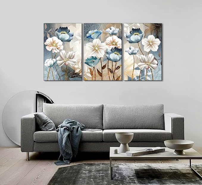 3 Pcs Modern Luxury Lotus Flower Canvas Wall Art White and Blue Floral Painting Pictures Wall Decor Posters Print Artwork for Living Room Bedroom Bathroom Office Home Decoration
