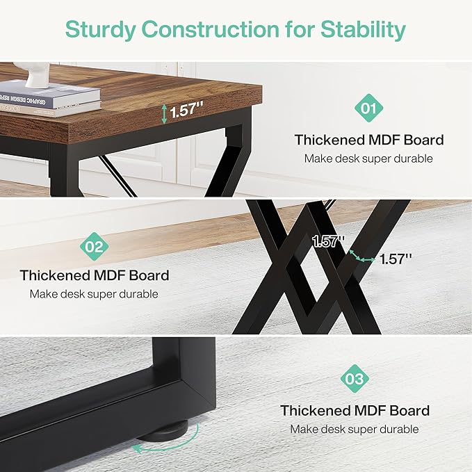 Tribesigns 63" Large Industrial Executive Desk with Extra Thickened Tabletop & Metal Frame, Heavy-Duty 300 lb Capacity Home Office Desk for Study Room, Dorm, Bedroom – Vintage Brown & Black