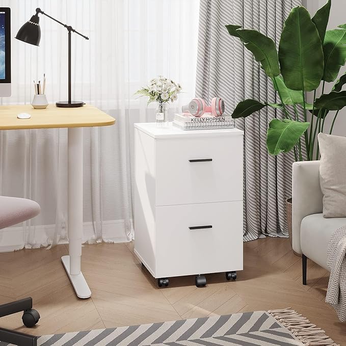 Panana 2 Drawer Mobile File Cabinet, Wood Rolling Filing Cabinet Printer Stand Under Desk Storage Organizer Fits Letter Size File Folders for Home Office (White)