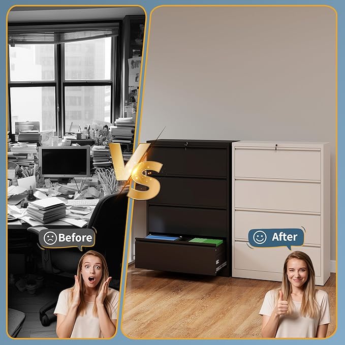 4 Drawer File Cabinet with Lock, Lateral Filing Cabinets,Metal Storage Filing Cabinets for Home Office, Heavy Duty File Cabinet for Letter/Legal/A4/F4 Size Amsseble Required, White