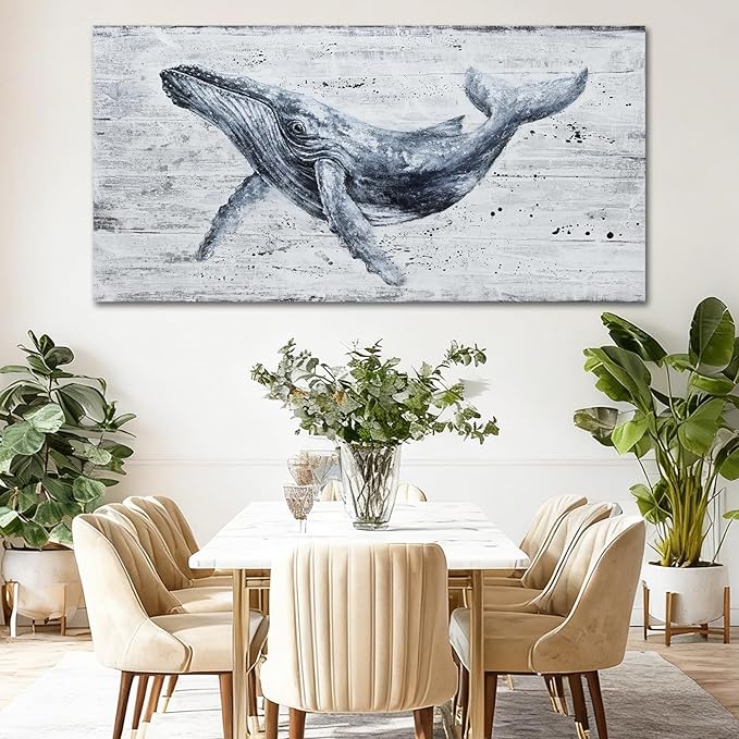 Large Whale Wall Art Monochrome Abstract Sea Life Canvas Posters print Contemporary Coastal Artwork for Living Room Office Bedroom Decor 29x58inch