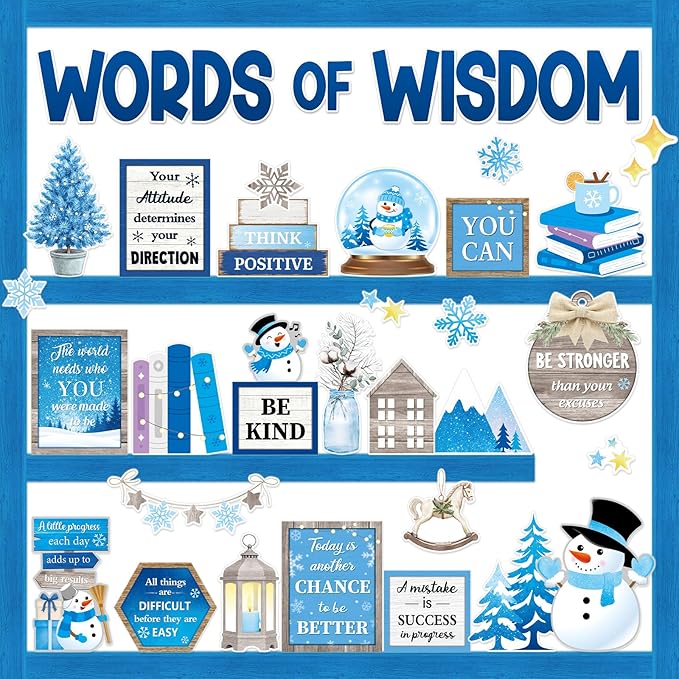 57 Pcs Winter Bulletin Board Set Inspirational Snowflake Bulletin Board Decoration Positive Cutout Classroom Decoration for School Office Home Teacher Classroom Wall Supplies