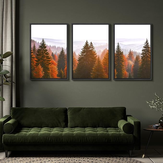 SIGNFORD Framed Wall Art Print Set Golden Autumn Forest Warm Sunrise Landscape Digital Art Modern Art Contemporary for Living Room, Bedroom, Office - 24"x36"x3 Black