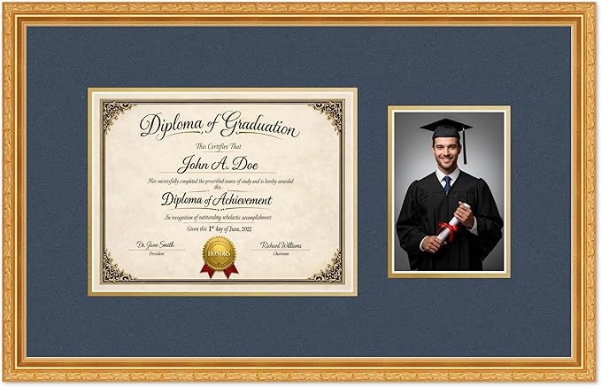 Diploma Frame With Photo Opening Museum Gold Navy Blue Over Gold Mat - Fits 11 x 8.5 Degree and Picture Made in the USA