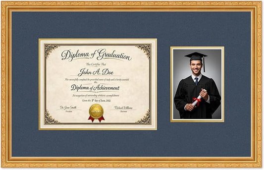 Diploma Frame With Photo Opening Museum Gold Navy Blue Over Gold Mat - Fits 11 x 8.5 Degree and Picture Made in the USA