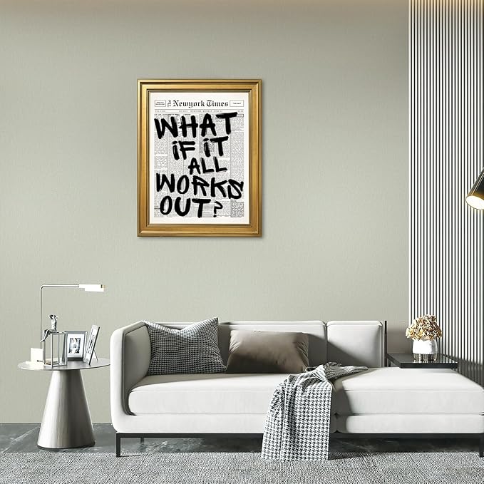 What If It All Works Out Wall Art Retro Black and White Newspaper Motivational Poster Positive Affirming Quote Minimalist Canvas Print for Bedroom Living Room Home Decor 16x24inch Vintage Framed