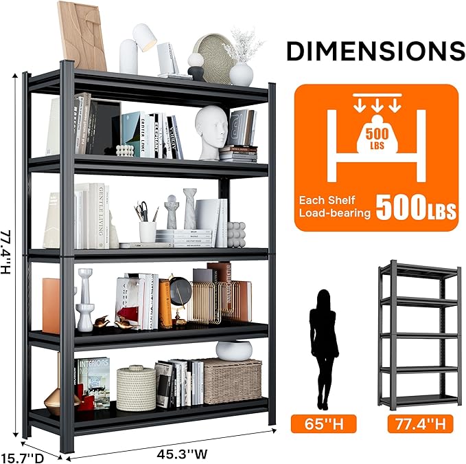 Tall Bookshelf, 6-Tier Book Shelf,Metal Bookshelves and Bookcases, Freestanding and Industrial Open Bookcase for Home Office, Living Room and Bedroom,45.3Wx15.7Dx77.4H