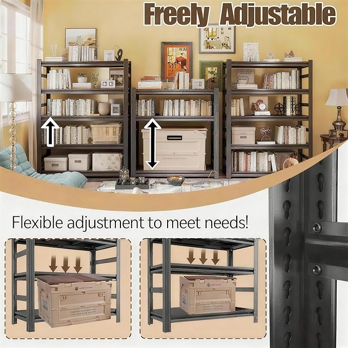 Bookshelf, 5 Tier Metal Wide Bookcase, Heavy Duty Adjustable Industrial Shelf for Living Room, Bedroom and Library, Black, 71.18" H x 35.43" W x 15.75" D