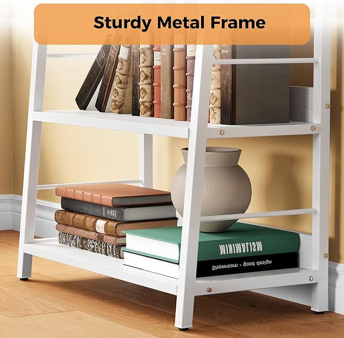 IRONCK Industrial Bookshelves and Bookcases, Ladder Shelf 5 Tiers with Metal Frame for Living Room, Home Office, White