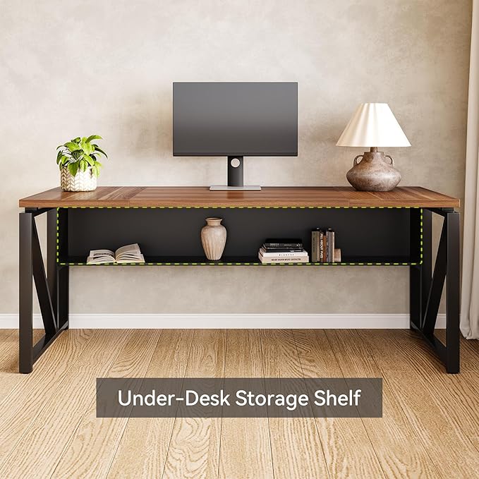 LITTLE TREE 63-Inch Executive Office Desk, Large Computer Desk with Storage Shelf, Executive Desk with Metal Frame, Study Writing Desk Work Station for Home Office, Brown + Black