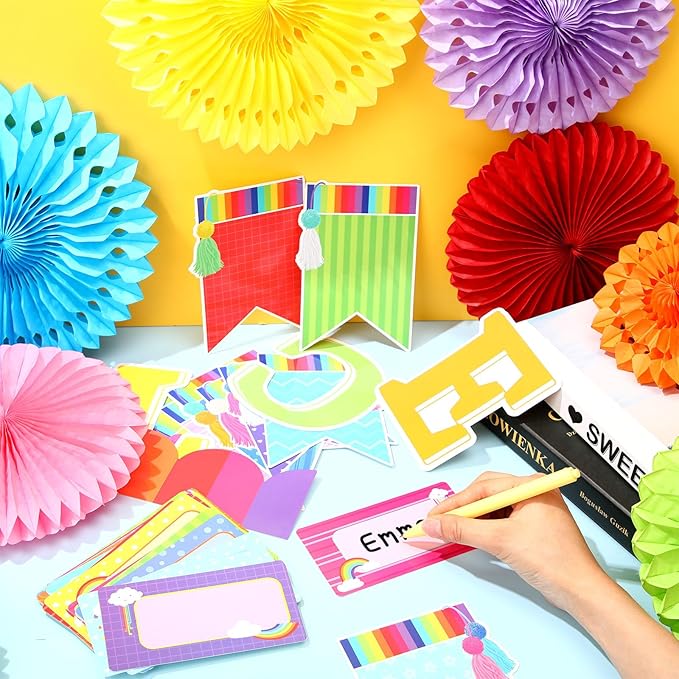 Qilery Welcome Bulletin Board Sets Welcome Back Classroom Decorations Bulletin Board Nameplate Cutout Paper Fans Banner for Back to School Chalkboard Wall Decor (Colorful)
