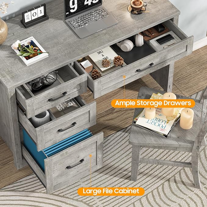 Vabches Farmhouse 47" Executive Desk with File Drawer, Workstation for Home Office, Study, Writing,Wood Computer Desk with 3 Storage Drawers .(Grey)