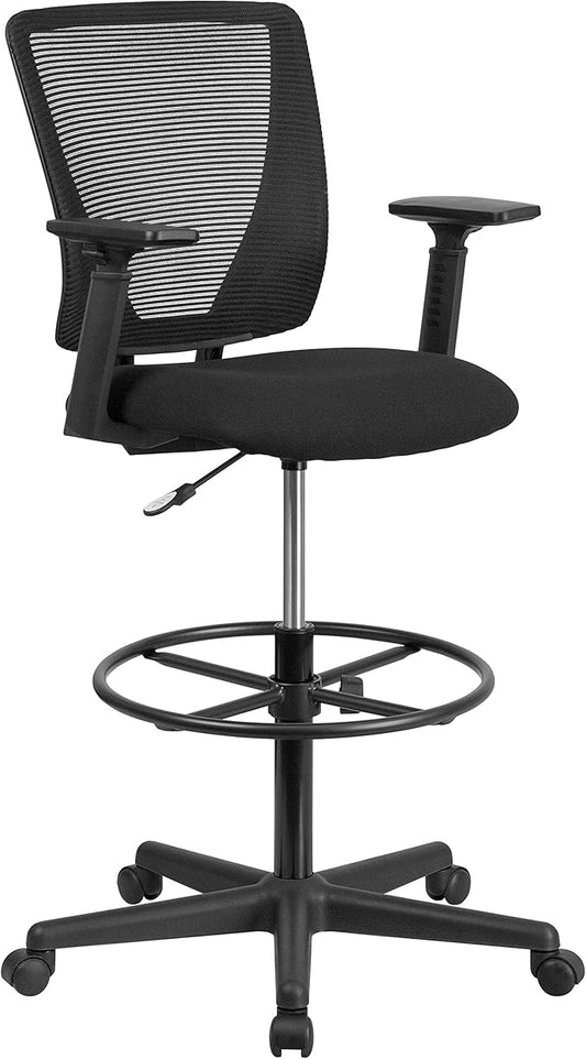 Flash Furniture Harper Ergonomic Mid-Back Mesh Drafting Chair with Black Fabric Seat, Adjustable Foot Ring and Adjustable Arms