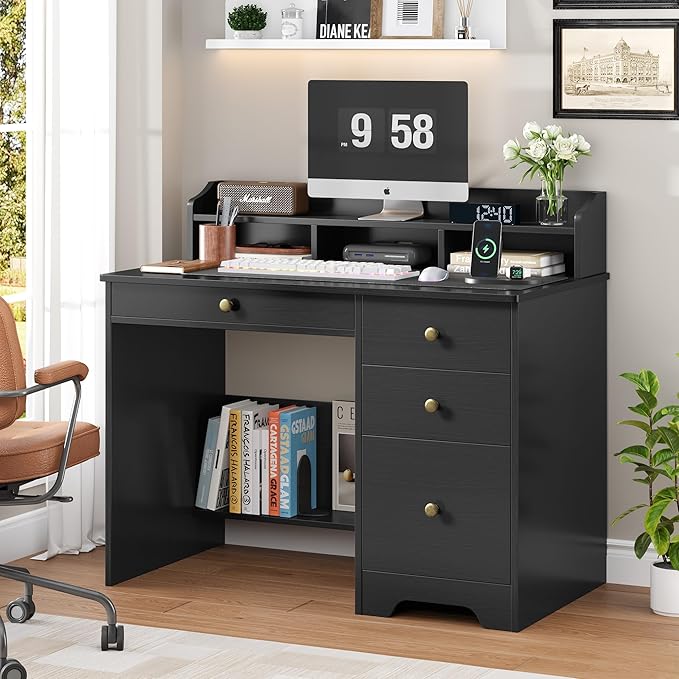 TTVIEW Computer Desk with Drawers and Hutch Shelf, Wood Executive Desk Writing Study Table with 43” Wide Tabletop, Small Desk with File Drawer for Home Office Bedroom, Black