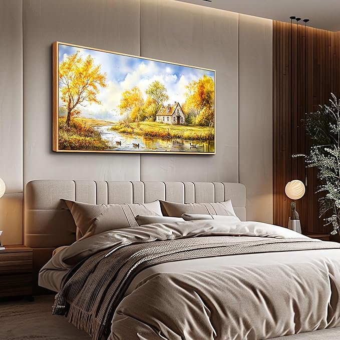 ERQINHUA Large Wall Decoration Canvas For Bedroom Wall Art For Living Room Office Decor Yellow Pastoral Creek Landscape Painting Wood Frame Pictures Art Print Farmhouse Home Wall Aesthetics 24"x48"