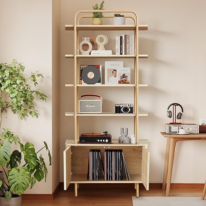 71" Tall Bookshelf with Door, 6-Tier Bookcase Modern Metal Book Shelf with Open Shelves & Adjustable Footpad Freestanding Storage Cabinet for Living Room, Home Office (Natural)