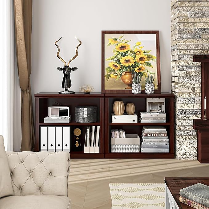 2-Tier Bookshelf Basic Book Case, Wooden Storage Shelves Rustic Floor Standing Bookshelves, D:12.8" x W: 29.5" x H: 28.2", Sturdy Display Cabinet for Living Room, Library, Office, Cherry